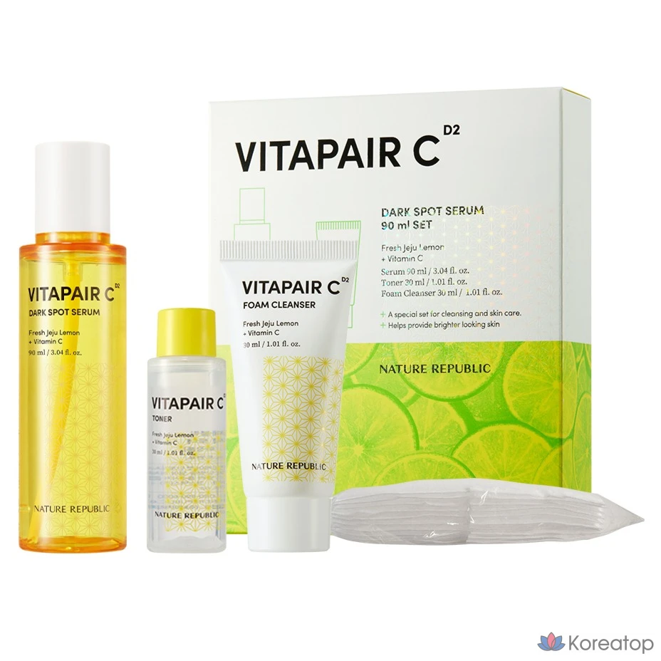 Набор Nature Republic Vitapair C: сыворотка от прыщей 90 мл + тоник 30 мл + пенка для умывания 30 мл + ватные диски