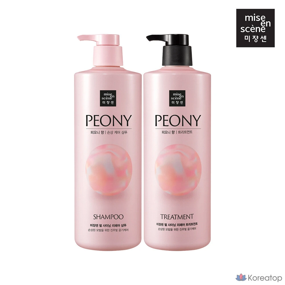 Шампунь для восстановления блеска волос Mise en Scene Pearl Shining Repair Shampoo с ароматом пиона 1000 мл + Уход для восстановления блеска волос Mise en Scene Pearl Shining Repair Treatment с ароматом пиона 1000 мл, 1 комплект