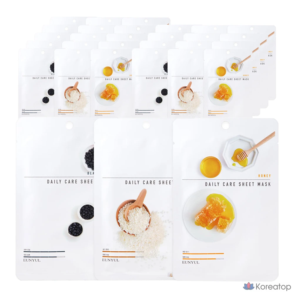 Набор увлажняющих тканевых масок Eunyul Daily Care: черная фасоль 10 пенсов + рис 10 пенсов + мед 10 пенсов, 30 штук, 1 упаковка.