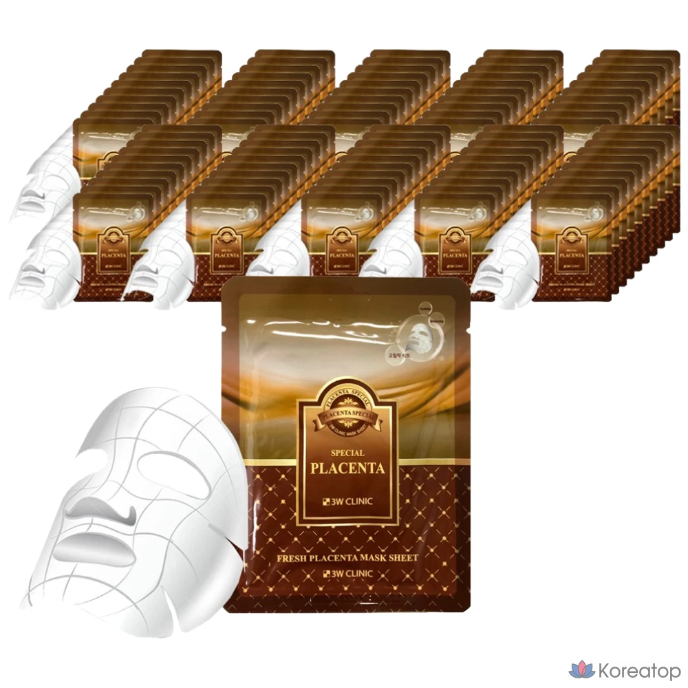 3W Clinic Маска для лица из свежей плаценты, 100 листов, 100 штук, 1 упаковка